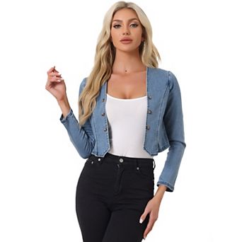 Denim Jacket for Women's Collarless Open Front Casual Crop Shrug