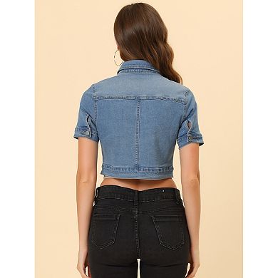 Women's Casual Short Sleeves Button Cropped Denim Jacket