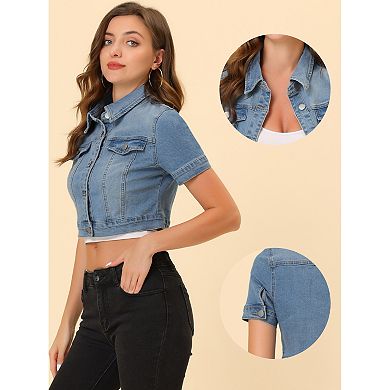 Women's Casual Short Sleeves Button Cropped Denim Jacket
