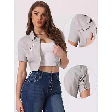 Women's Casual Short Sleeves Button Cropped Denim Jacket