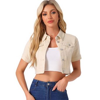 Women's Casual Short Sleeves Button Cropped Denim Jacket