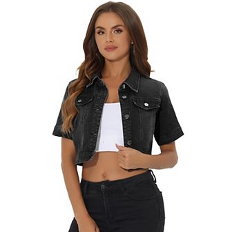 Women's Casual Short Sleeves Button Cropped Denim Jacket