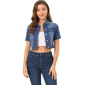 Women's Casual Short Sleeves Button Cropped Denim Jacket