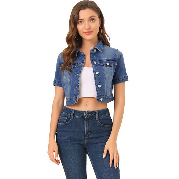 Women s Casual Short Sleeves Button Cropped Denim Jacket