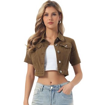 Women's Casual Short Sleeves Button Cropped Denim Jacket
