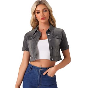 Women's Casual Short Sleeves Button Cropped Denim Jacket