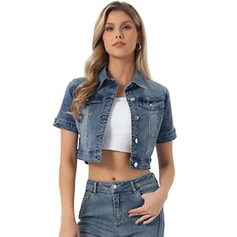 Women's Casual Short Sleeves Button Cropped Denim Jacket