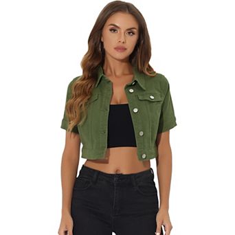 Women's Casual Short Sleeves Button Cropped Denim Jacket