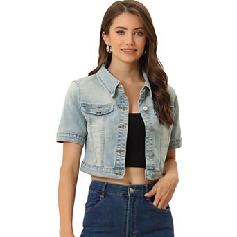 Women's Casual Short Sleeves Button Cropped Denim Jacket