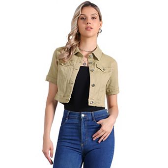 Women's Casual Short Sleeves Button Cropped Denim Jacket