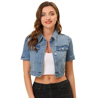Women's Casual Short Sleeves Button Cropped Denim Jacket