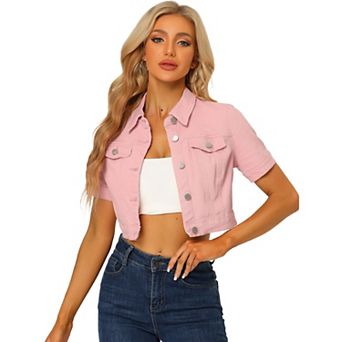 Women's Casual Short Sleeves Button Cropped Denim Jacket