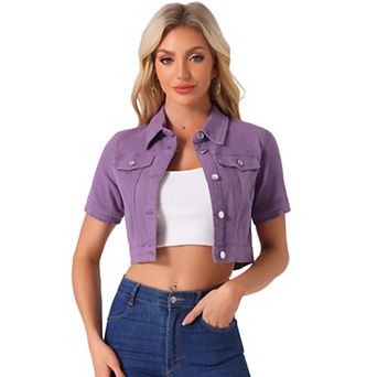 Women's Casual Short Sleeves Button Cropped Denim Jacket