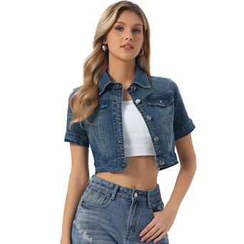 Women's Casual Short Sleeves Button Cropped Denim Jacket