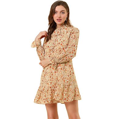 Women's Ruffle Tie Neck Casual Loose Shift Floral Dress