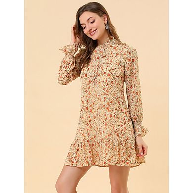 Women's Ruffle Tie Neck Casual Loose Shift Floral Dress