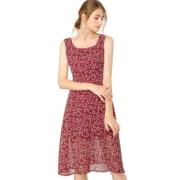 Women's Square Neck Sleeveless Floral A-line Chiffon Midi Dress