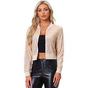 Women's Sequin Sparkle Zipper Cropped Bomber Jacket