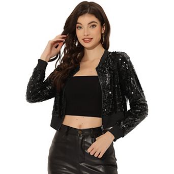 Women's Sequin Sparkle Zipper Cropped Bomber Jacket
