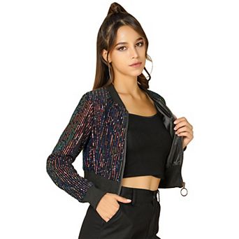 Women's Sequin Sparkle Zipper Cropped Bomber Jacket
