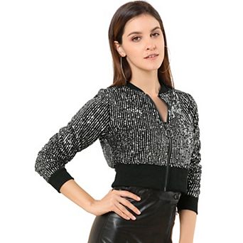 Women's Sequin Sparkle Zipper Cropped Bomber Jacket