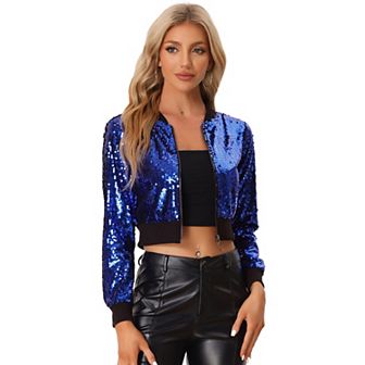 Women's Sequin Sparkle Zipper Cropped Bomber Jacket
