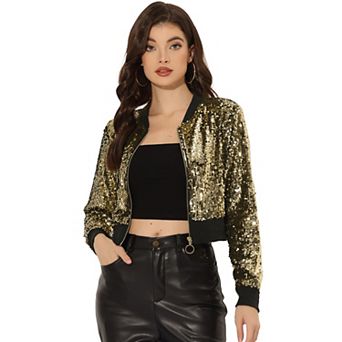 Women's Sequin Sparkle Zipper Cropped Bomber Jacket