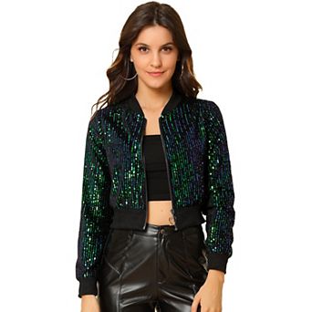 Women's Sequin Sparkle Zipper Cropped Bomber Jacket