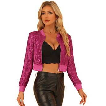 Women's Sequin Sparkle Zipper Cropped Bomber Jacket