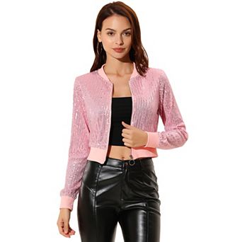 Women's Sequin Sparkle Zipper Cropped Bomber Jacket