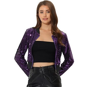 Women's Sequin Sparkle Zipper Cropped Bomber Jacket