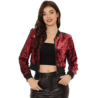 Women's Sequin Sparkle Zipper Cropped Bomber Jacket