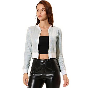 Women's Sequin Sparkle Zipper Cropped Bomber Jacket