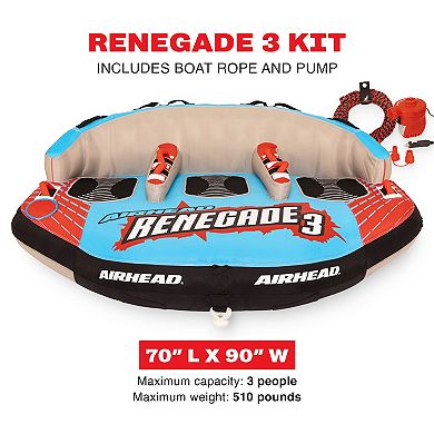 Airhead Renegade 3 Person Inflatable Towable Water Tube Kit w/ Boat Rope & Pump