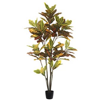 Vickerman Potted Artificial Green and Orange Croton Tree Floor Decor