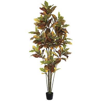 Vickerman Potted Artificial Green and Orange Croton Tree Floor Decor