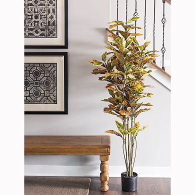 Vickerman Potted Artificial Green and Orange Croton Tree Floor Decor