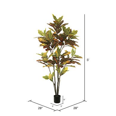 Vickerman Potted Artificial Green and Orange Croton Tree Floor Decor