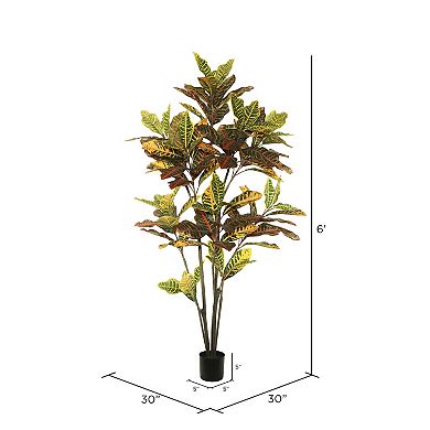 Vickerman Potted Artificial Green and Orange Croton Tree Floor Decor