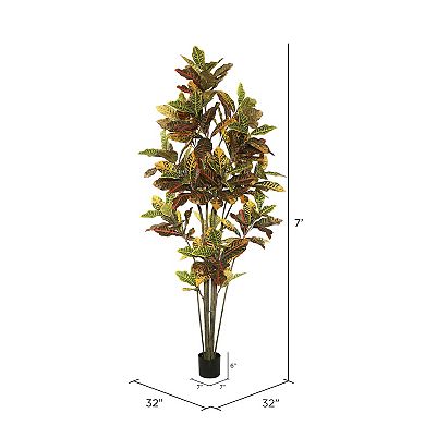 Vickerman Potted Artificial Green and Orange Croton Tree Floor Decor