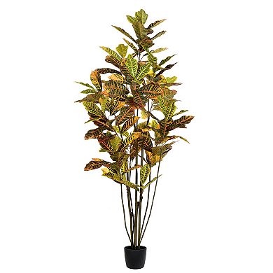 Vickerman Potted Artificial Green and Orange Croton Tree Floor Decor