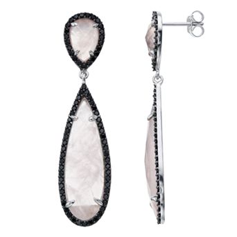 SIRI USA by TJM Sterling Silver Ice Rose Quartz & Black Spinel Teardrop Double Drop Earrings