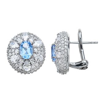 SIRI USA by TJM Sterling Silver Cubic Zirconia & Lab-Grown Blue Quartz Halo Omega Stud Earrings