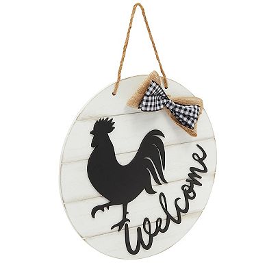 Farmhouse Front Porch Welcome Sign with Checkered Bowtie, Black Scrip Lettering, Housewarming Gifts (12 In)