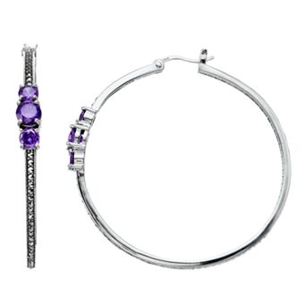 Lavish by TJM Sterling Silver Purple Cubic Zirconia & Marcasite Hoop Earrings