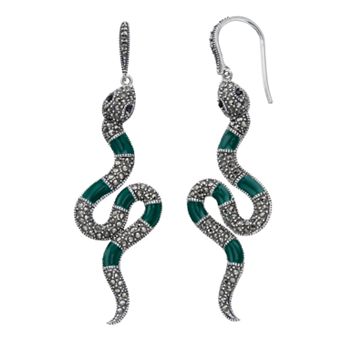 Lavish by TJM Sterling Silver Green Enamel with Black Spinel & Marcasite Serpent Drop Earrings