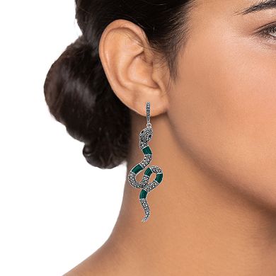 Lavish by TJM Sterling Silver Green Enamel with Black Spinel & Marcasite Serpent Drop Earrings