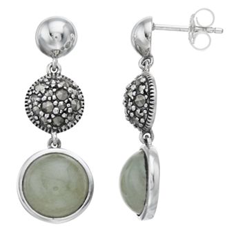 Lavish by TJM Sterling Silver Cabochon Jade & Marcasite Drop Earrings