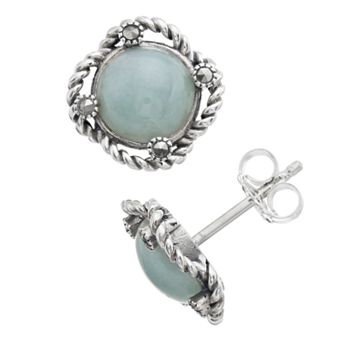 Lavish by TJM Sterling Silver Cabochon Jade & Marcasite Stud Earrings