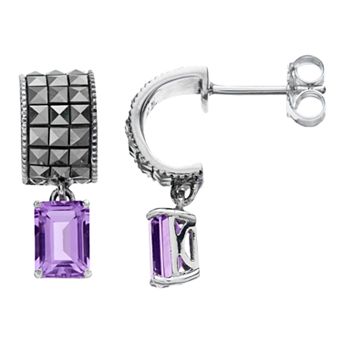 Lavish by TJM Sterling Silver Amethyst & Marcasite Drop Earrings